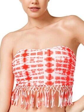 RAISINS Bali Bandini Womens Tie Dye Bandeau Top Coral White Fringed Size L NWT